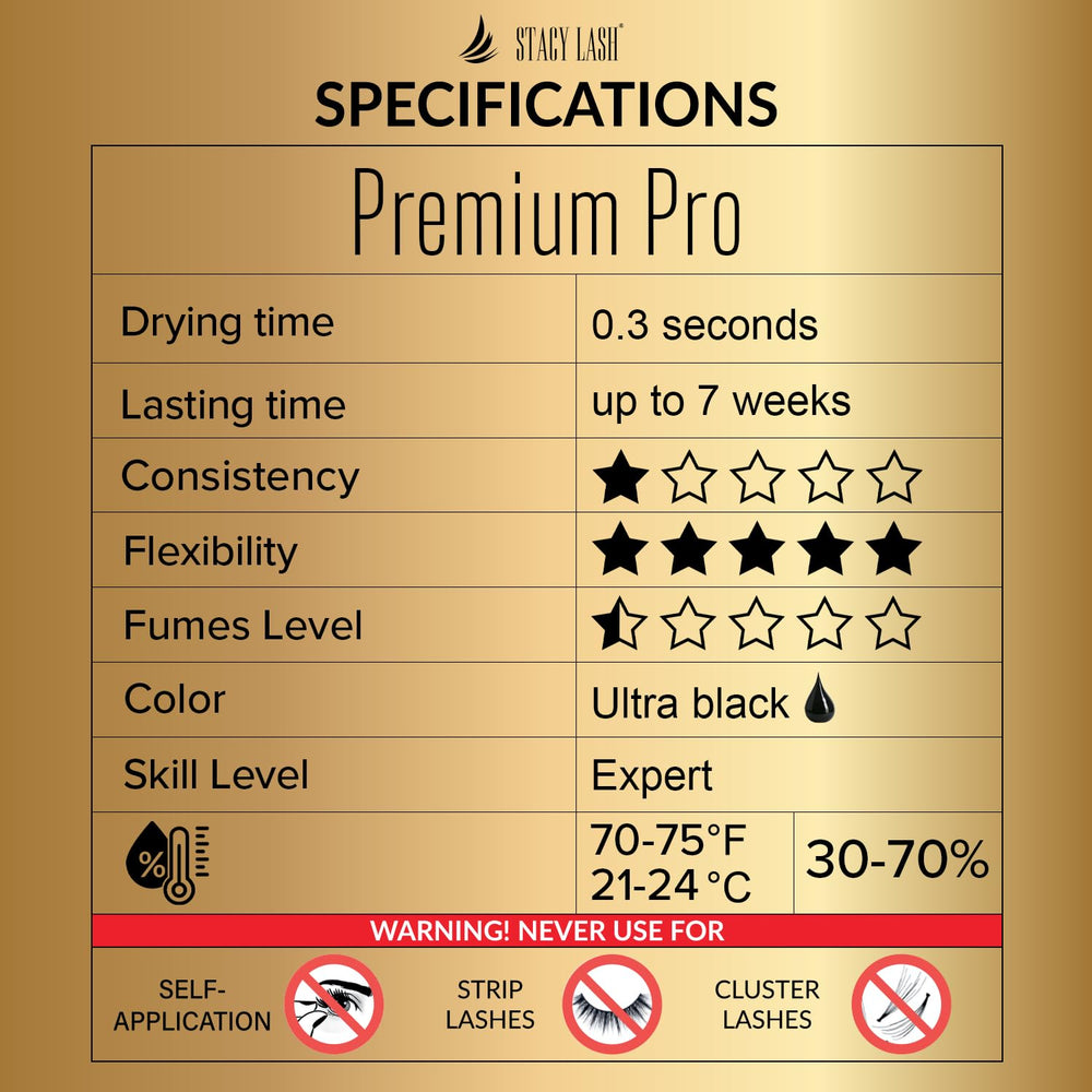 STACY LASH Premium Pro glue bottle with black formula emphasizes deep bond for full lash sets.