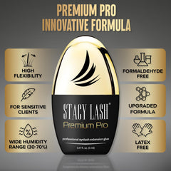 STACY LASH Premium Pro glue close-up demonstrates quick-dry performance for faster lash appointments.
