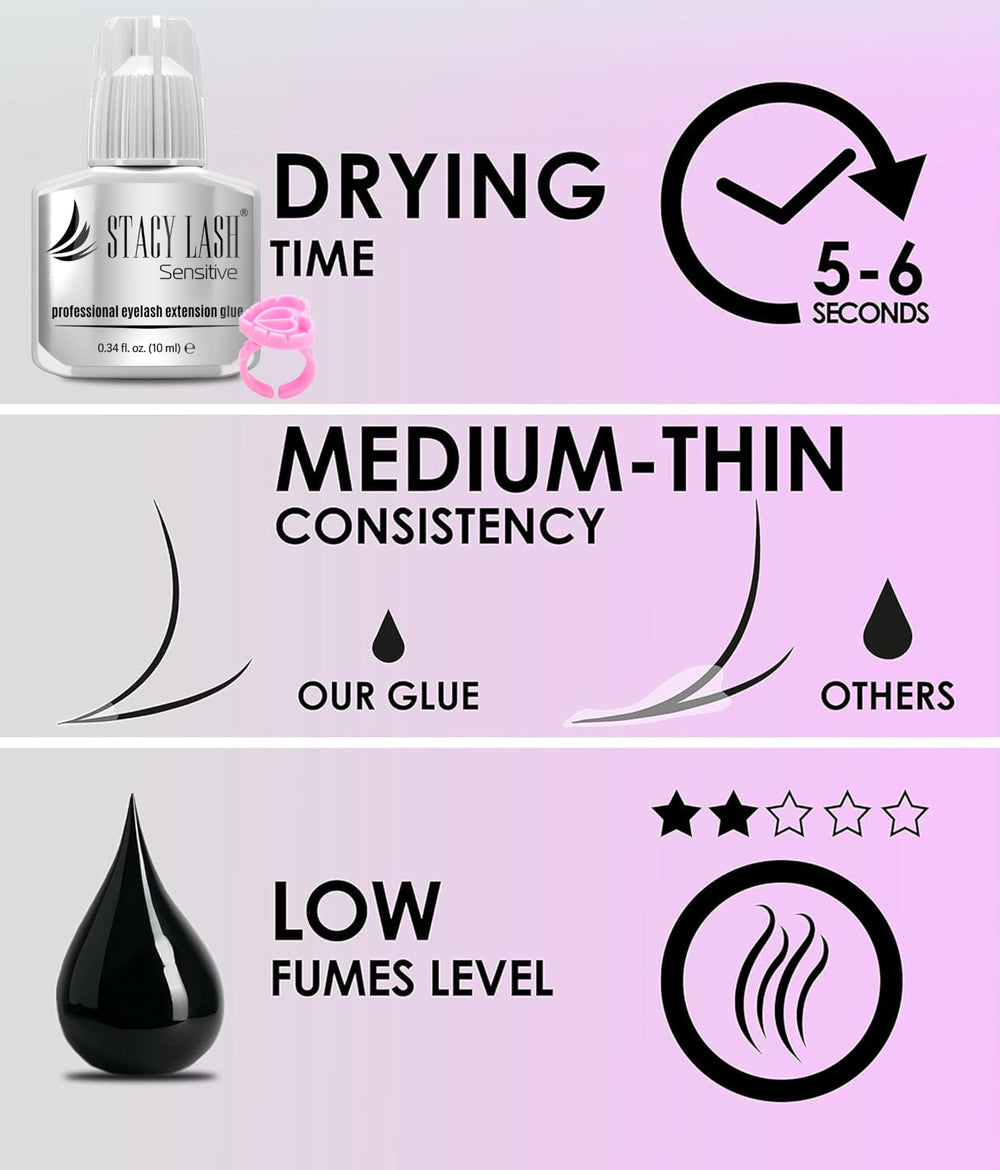 STACY LASH Sensitive glue retention of 4-5 weeks for lasting lash extensions.