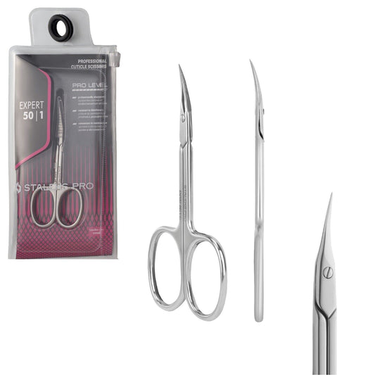 Staleks Pro Expert 50 Type 1 cuticle scissors held for precise, clean shaping.