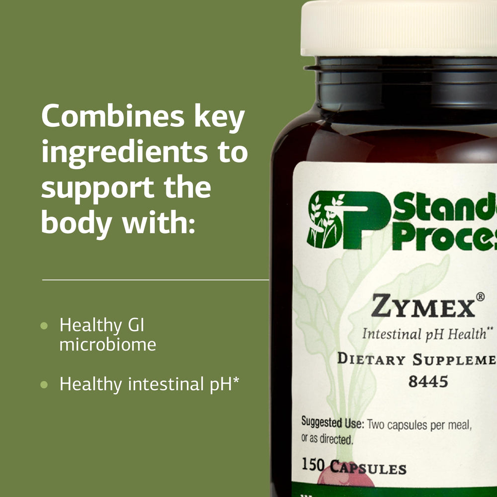 Zymex ingredients panel highlights rice bran, Spanish moss, carrots, beets.