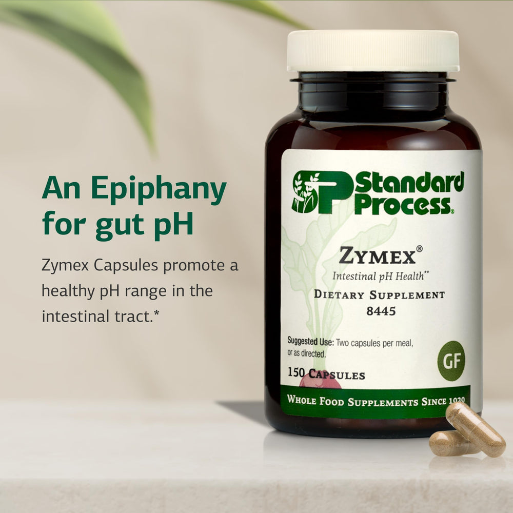 Zymex capsules pour shot suggesting daily digestive routine.