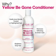 STAR CARE Yellow Be Gone conditioner bottle emphasizing hydrating formula for silky highlighted hair.