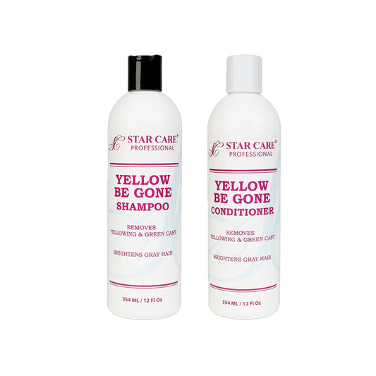 STAR CARE Yellow Be Gone shampoo bottle showing brass-neutralizing formula for cool blonde tones.