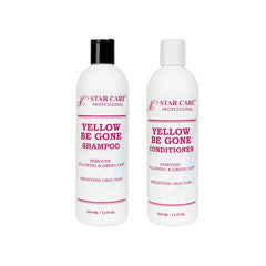 STAR CARE Yellow Be Gone shampoo bottle showing brass-neutralizing formula for cool blonde tones.