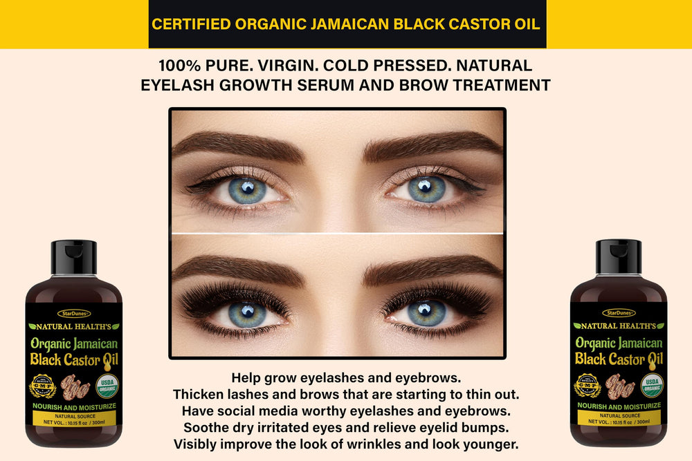 StarDunes Jamaican Black Castor Oil eyelash-application demonstrates easier brow and lash care