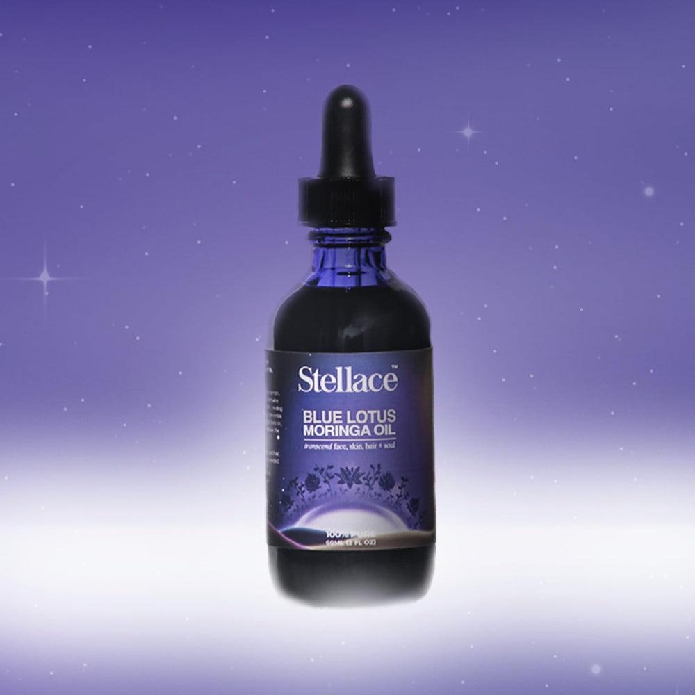 Stellace Blue Lotus Moringa Oil on hair hints at shine and conditioning benefits