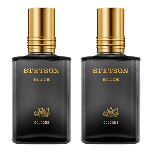 Stetson Black bottle front view showcases sleek masculine design and bold fragrance notes.