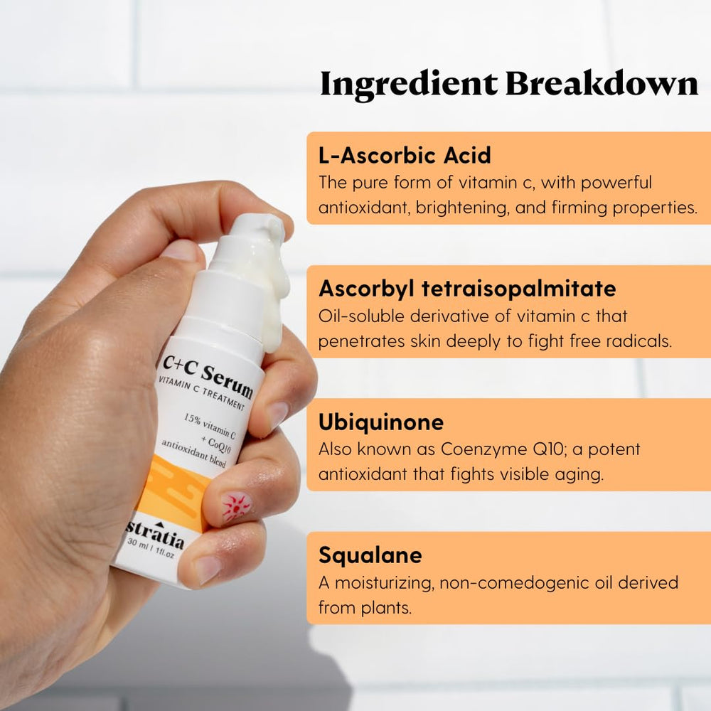 Stratia C+C Serum ingredients featuring CoQ10 and vitamin C antioxidants.