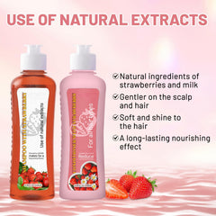 Strawberry & Milk Set showing hair texture after use for softness and manageability.