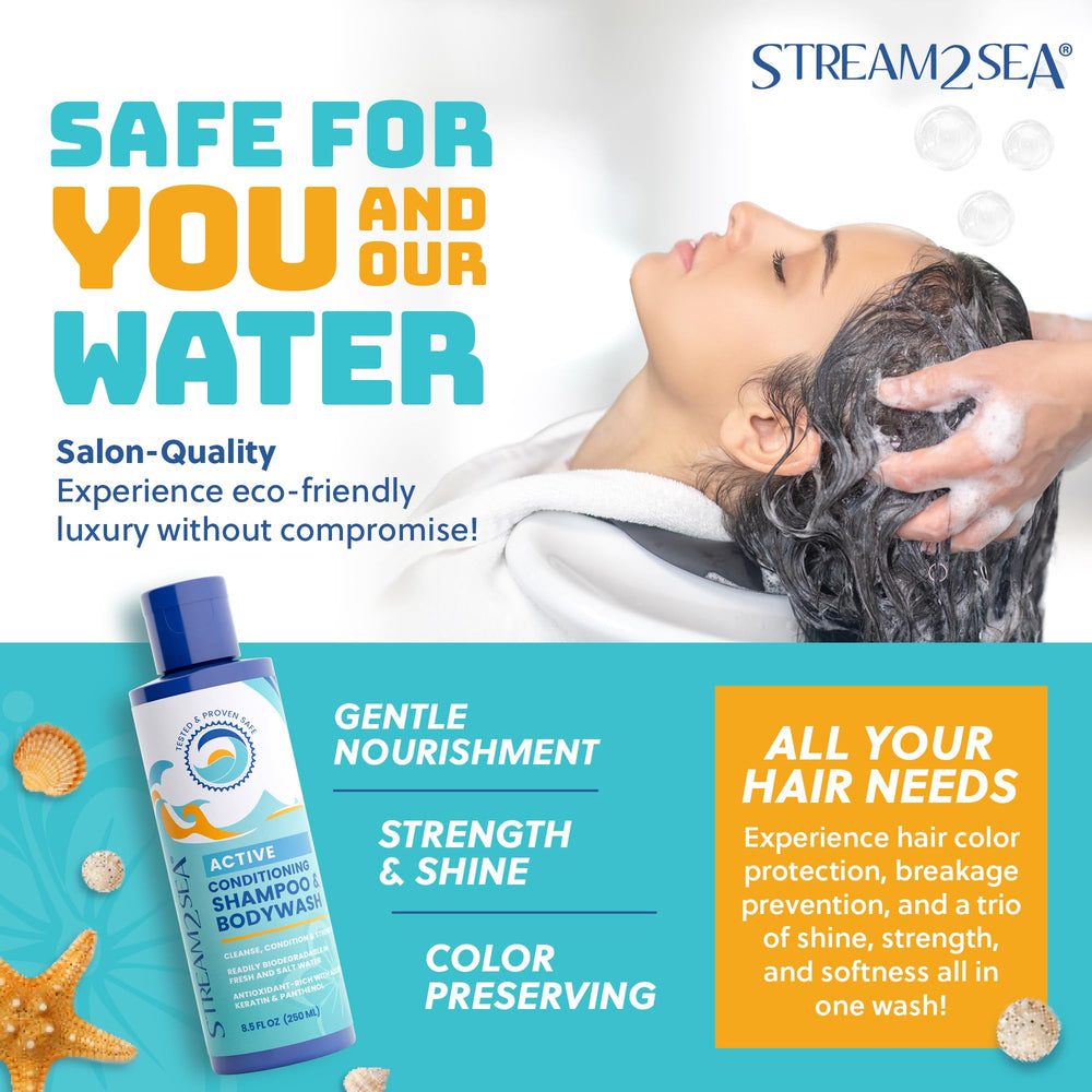 Stream2Sea biodegradable body wash packaging emphasizes eco-friendly formula.