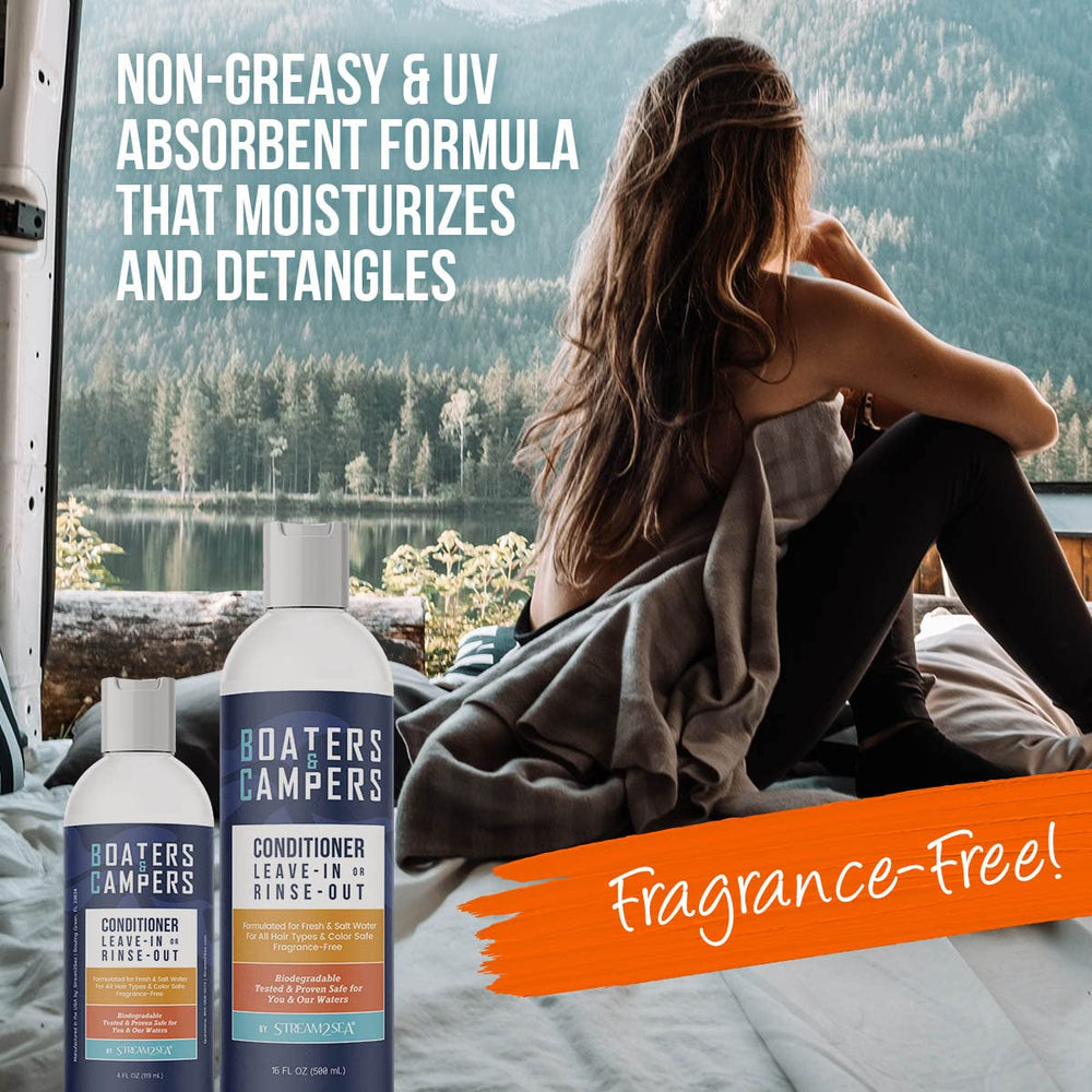 Stream2Sea conditioner application detangles and nourishes hair after outdoor adventures.