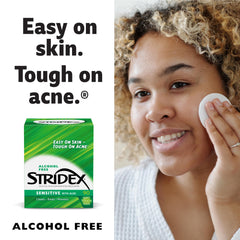 Stridex Sensitive Pads alcohol-free claim image communicates irritation-free treatment.