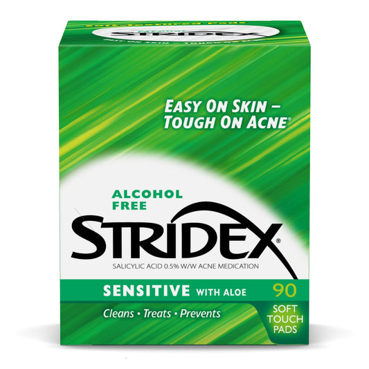 Stridex Sensitive Pads pack 3 front view showcases gentle cleansing and acne support.