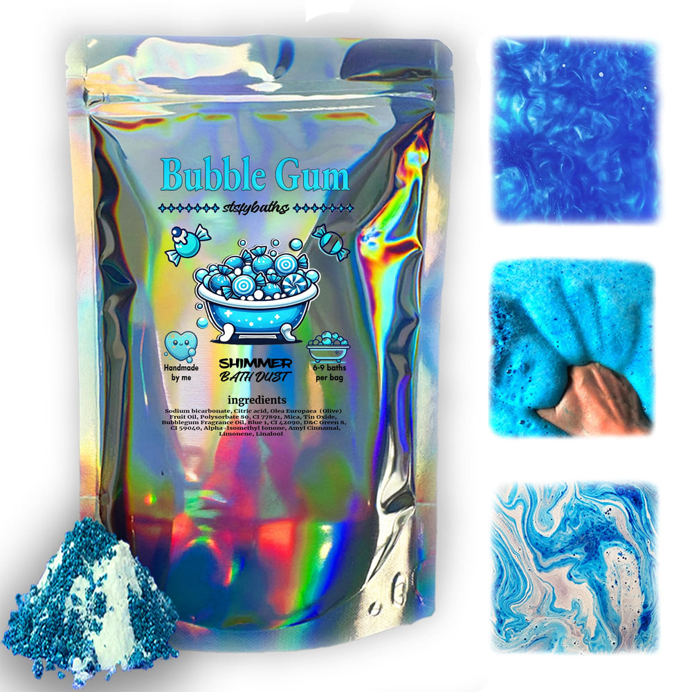 Stsfybaths Sky Blue Bubblegum Shimmer Bath Bomb in a Bag adds color and sparkle for a relaxing soak.