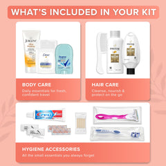 TrekTote travel bag shown with compact, TSA-friendly toiletries.
