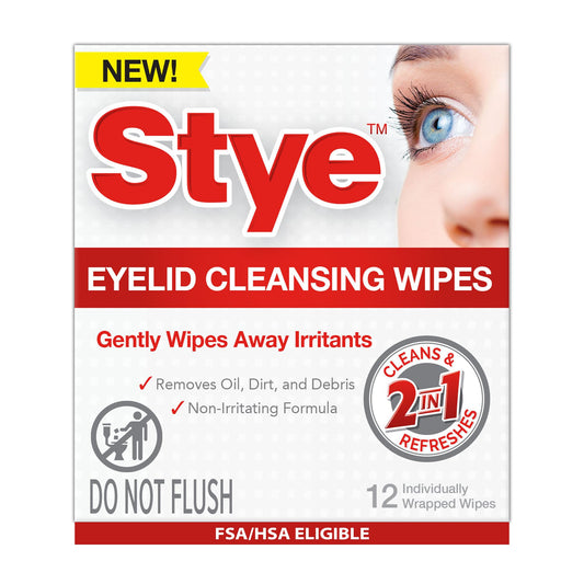 Stye cleansing eyelid wipes pack front for easy on-the-go eye care.