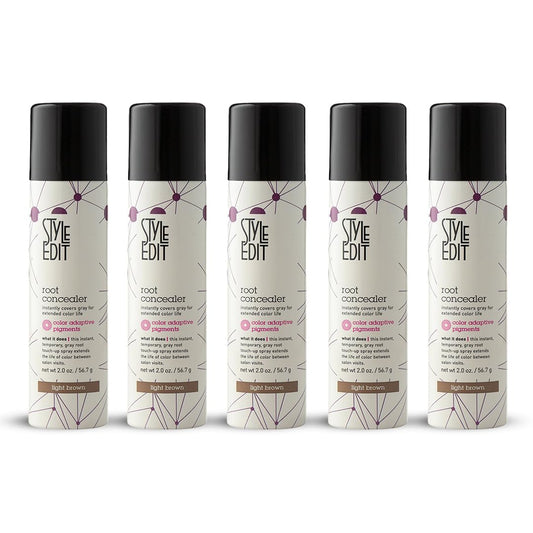 STYLE EDIT root concealer spray closeup in light brown delivering quick grey coverage.