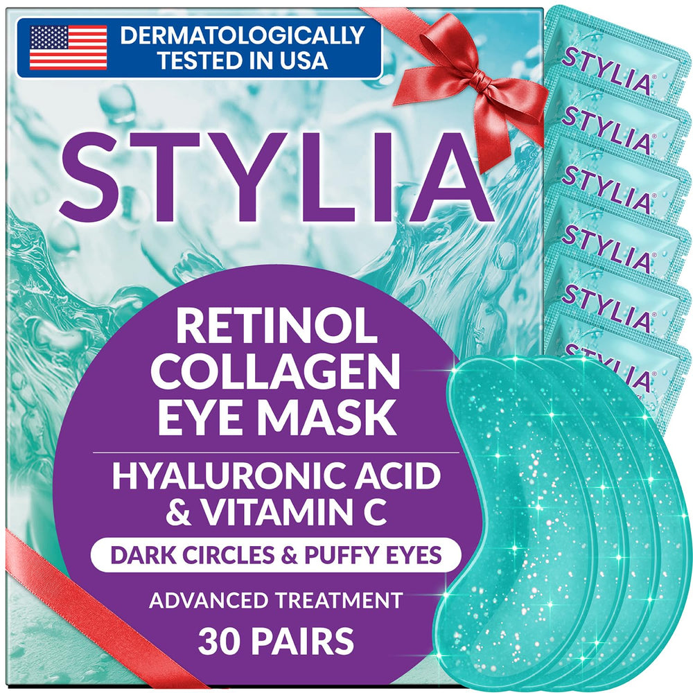 Stylia under eye patches packaging close-up for premium hydration.