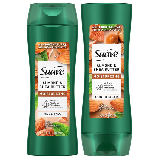 Suave Almond & Shea Butter shampoo bottle provides lightweight moisture for dry hair.