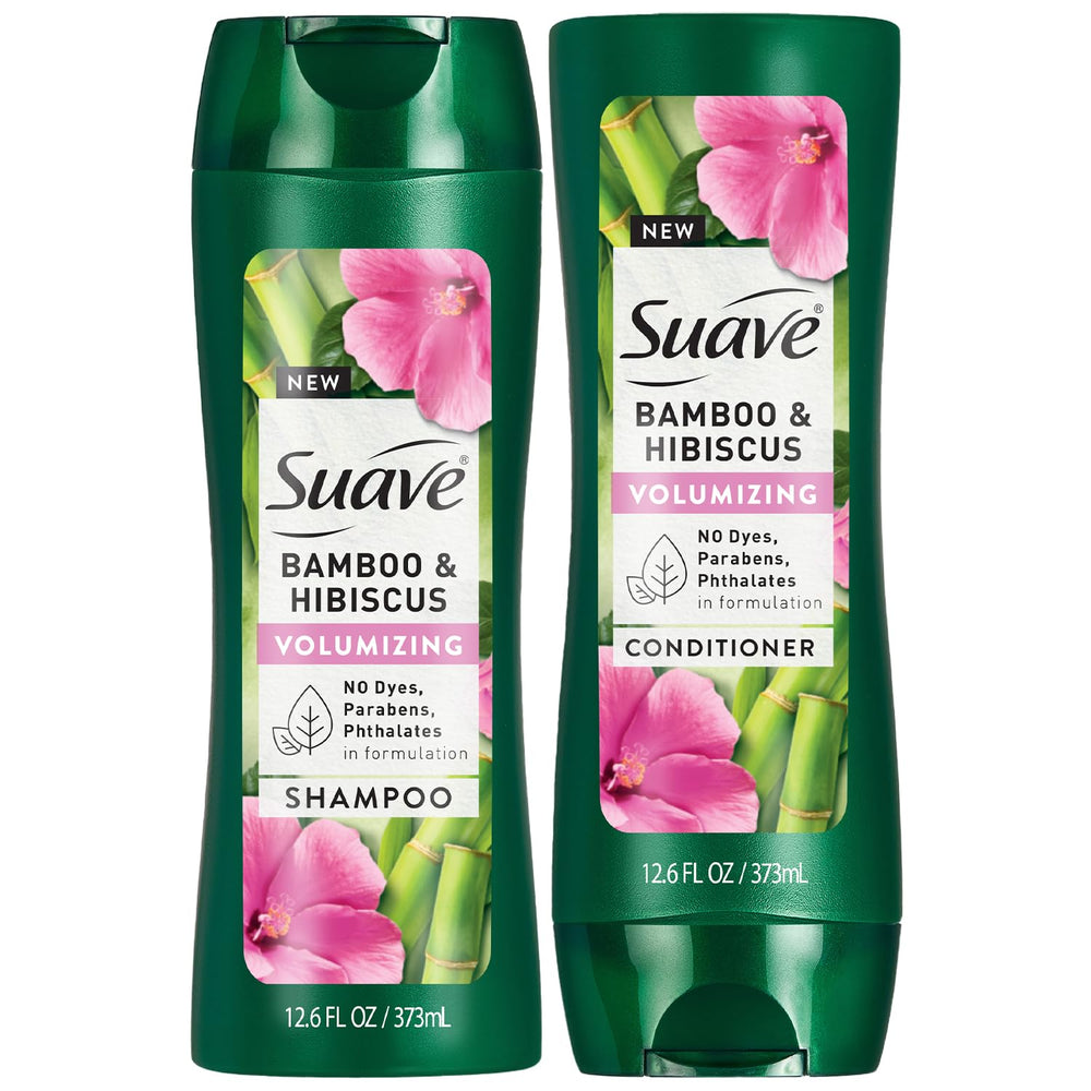 Suave bamboo hibiscus shampoo bottle showing volumizing formula for fine hair.