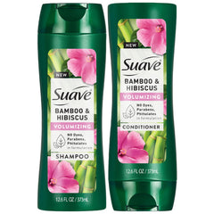 Suave bamboo hibiscus shampoo bottle showing volumizing formula for fine hair.