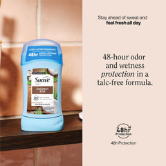 Suave Coconut Kiss deodorant application scene showing gentle, skin-friendly use.