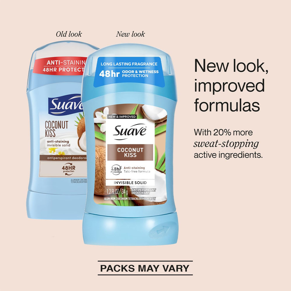 Close-up of Suave Coconut Kiss stick, talc-free formula for daily comfort.