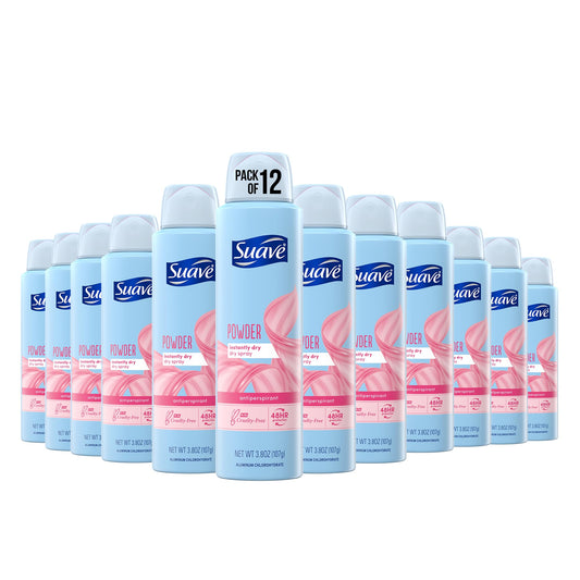 Suave dry spray powder-fresh bottle showing sleek design and clear application