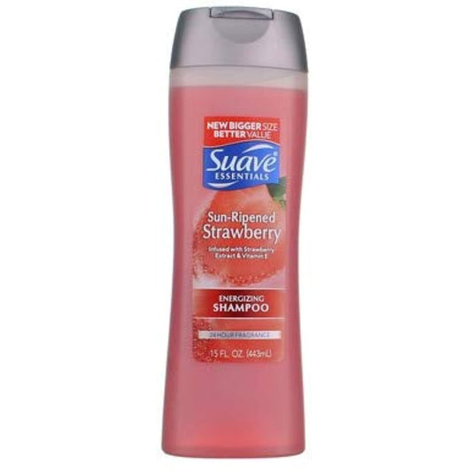 Suave Essentials Energizing Shampoo strawberry bottle — refreshing daily cleanse with a bright scent.