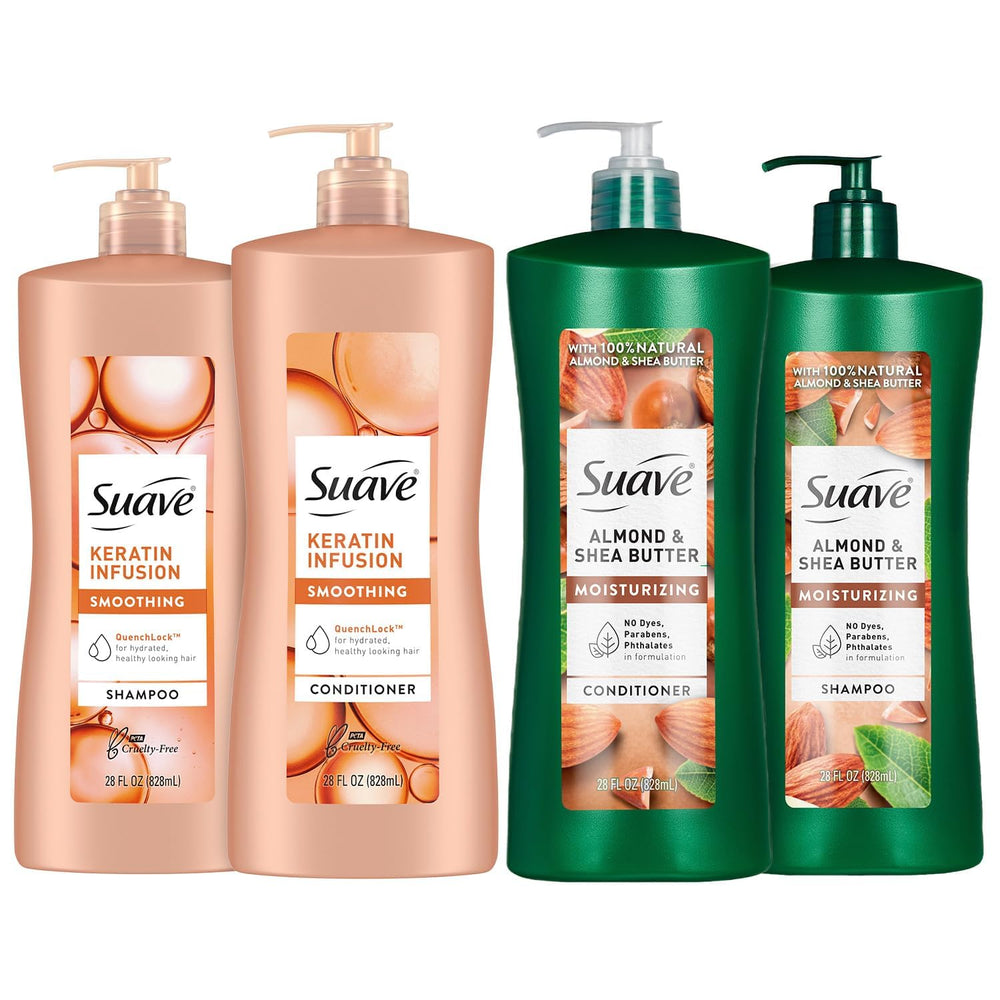 Suave Keratin Infusion Shampoo bottle for sleek, frizz control.