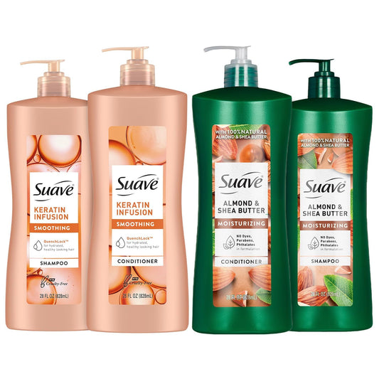 Suave Keratin Infusion Shampoo bottle for sleek, frizz control.