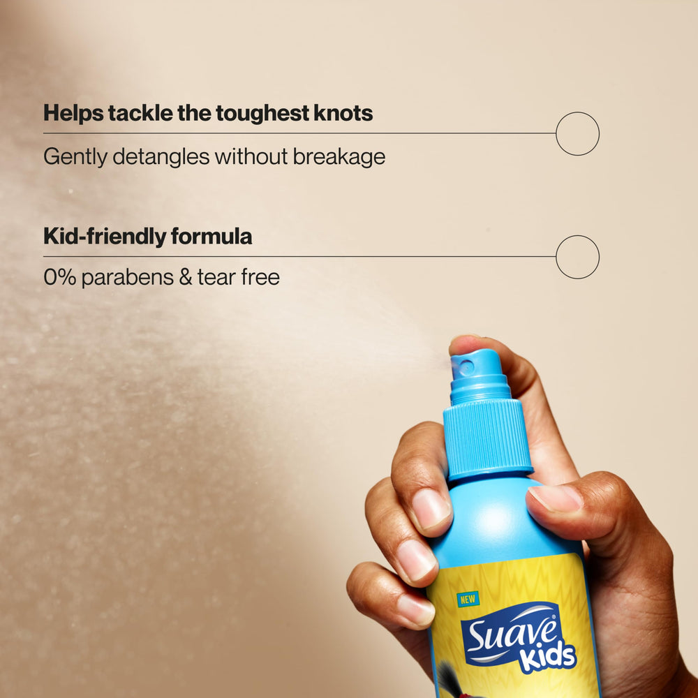 Suave Kids Detangler Spray spray-dispense action — gentle mist for easy combing.