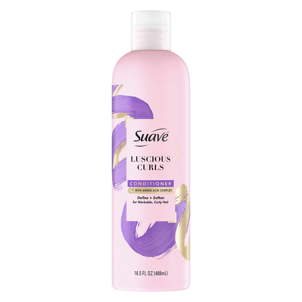 Suave Luscious Curls conditioner bottle shows moisturizing formula for defined curls.