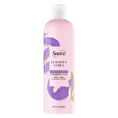 Suave Luscious Curls conditioner bottle shows moisturizing formula for defined curls.