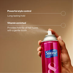 Close-up of frizz-control mist from Suave Max Hold for smooth style.