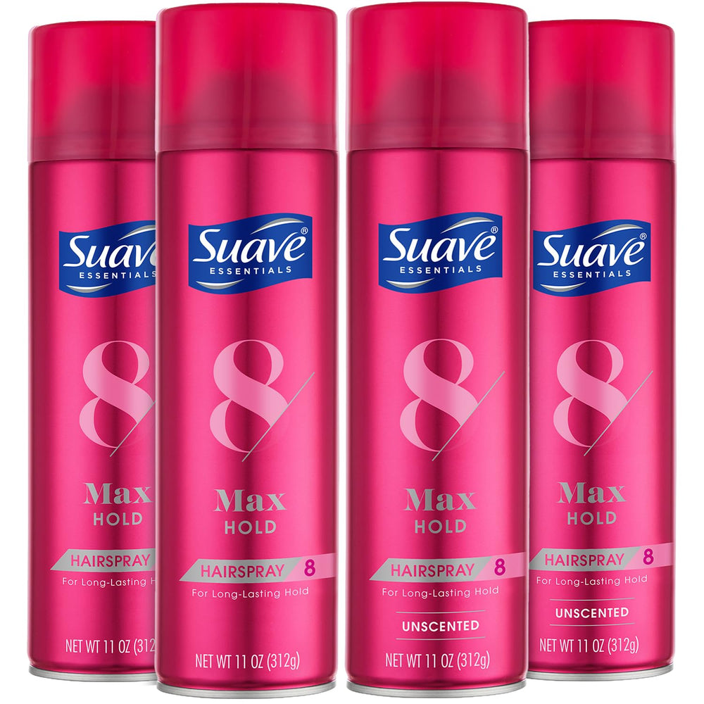 Suave Max Hold Hairspray scented bottle for all-day hold with fresh fragrance.