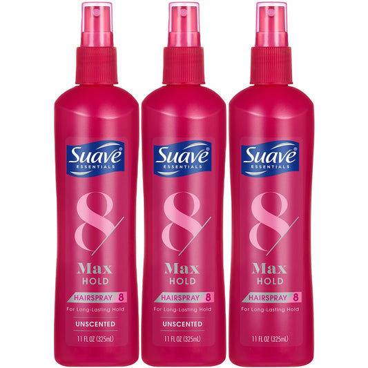 Suave Max Hold unscented hairspray bottle for all-day secure style.