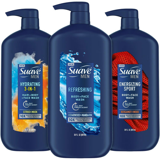 Suave Men Energizing Sport bottle pump for a quick, refreshing shower.
