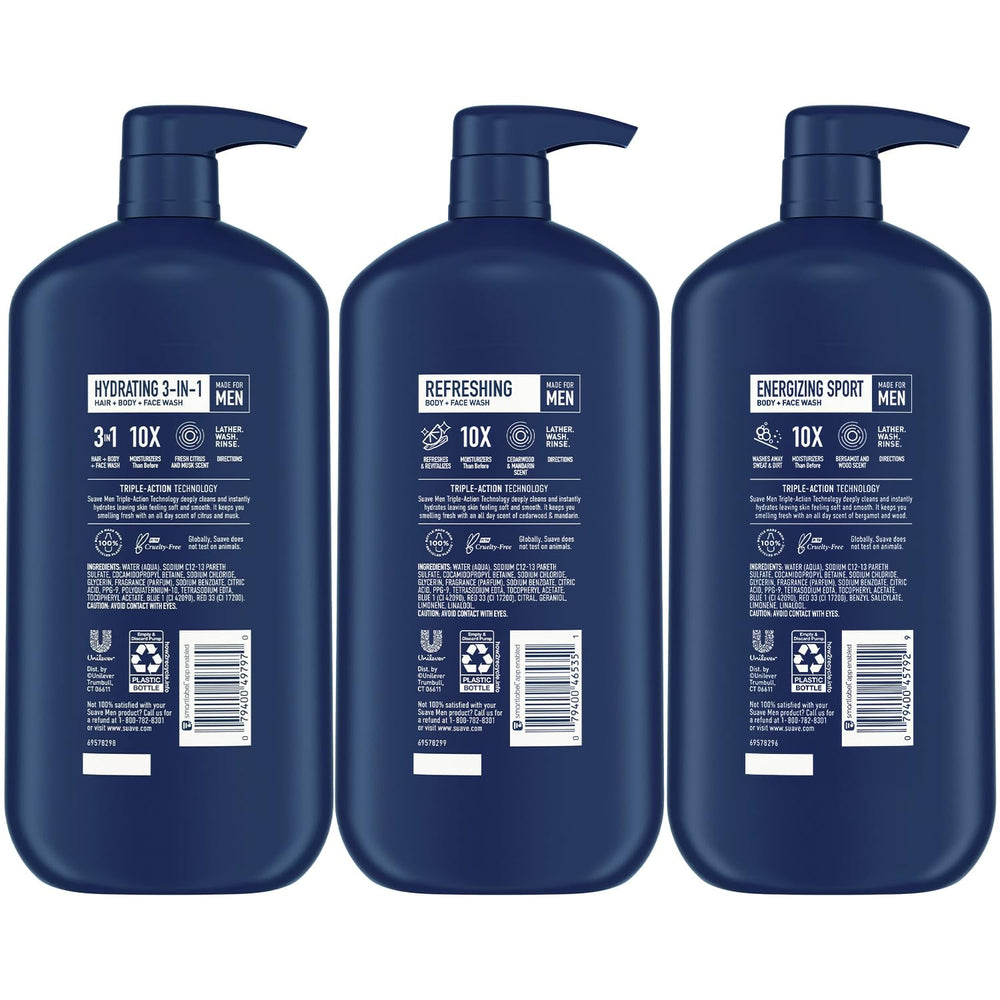 Suave Men Refreshing Body + Face Wash bottle ready for cleansing.
