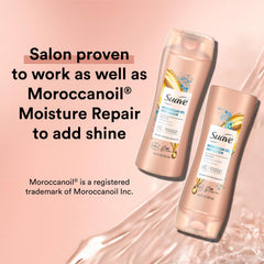 Suave Moroccan Oil Infusion Conditioner bottle adds softness and manageability.