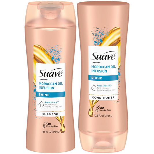 Suave Moroccan Oil Infusion Shampoo bottle boosts shine and smoothness.