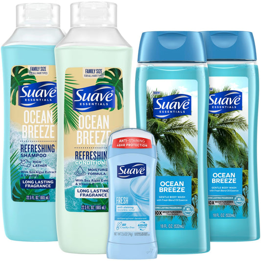 Suave Ocean Breeze body wash bottle with sea algae and vitamin E for refreshing cleanse.
