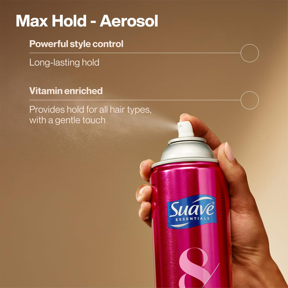 Suave+ frizz control hairspray bottle tames flyaways.