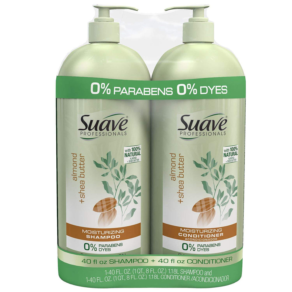 Suave Pro Almond & Shea Butter shampoo-conditioner duo bottle pour for nourished, refreshed hair.