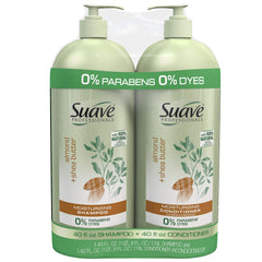 Suave Pro Almond & Shea Butter shampoo-conditioner duo bottle pour for nourished, refreshed hair.