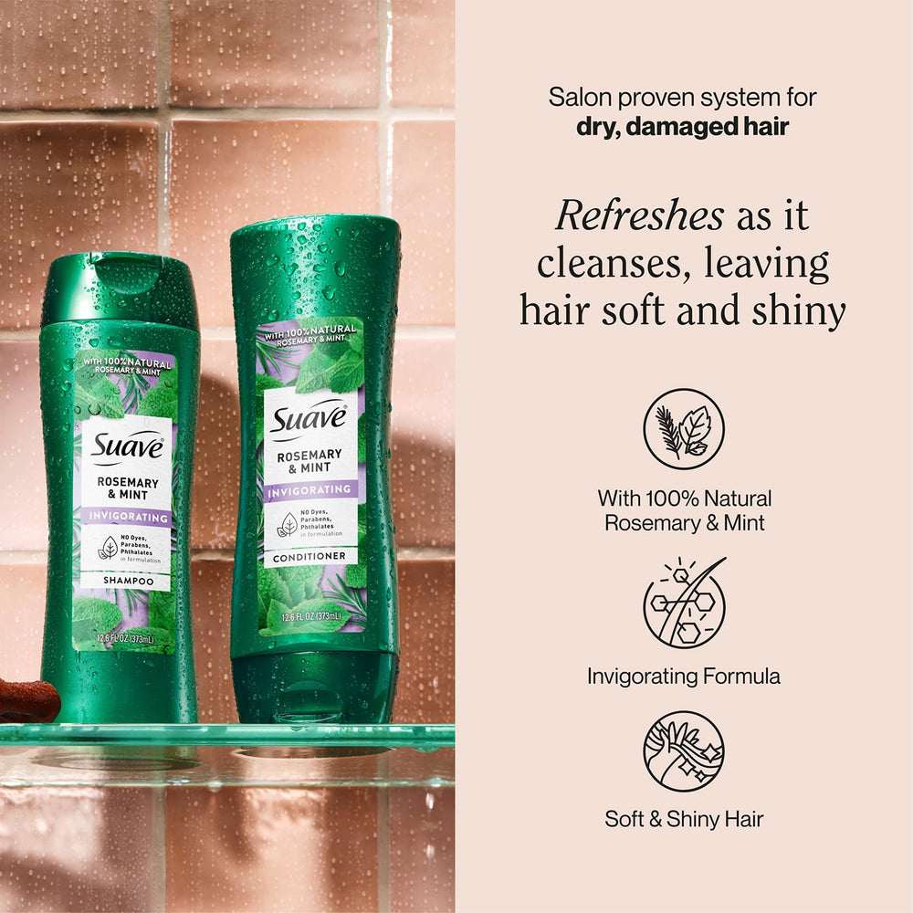 Suave Rosemary & Mint conditioner bottle delivering moisturizers for smoother hair.