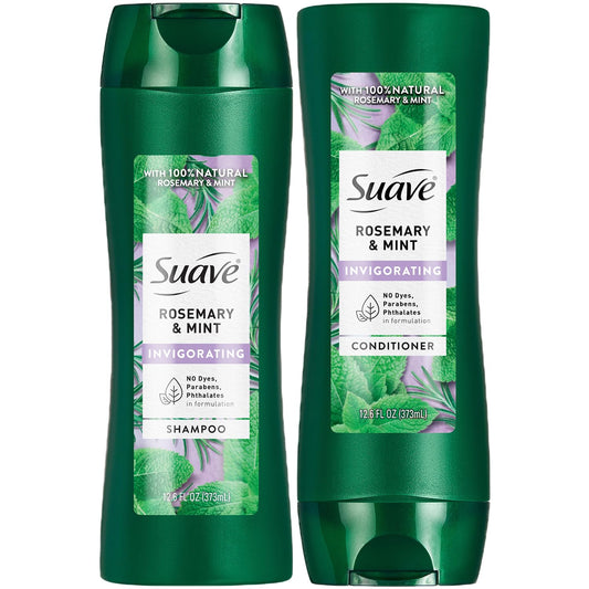 Suave Rosemary & Mint shampoo bottle front, ready for a refreshing cleanse.