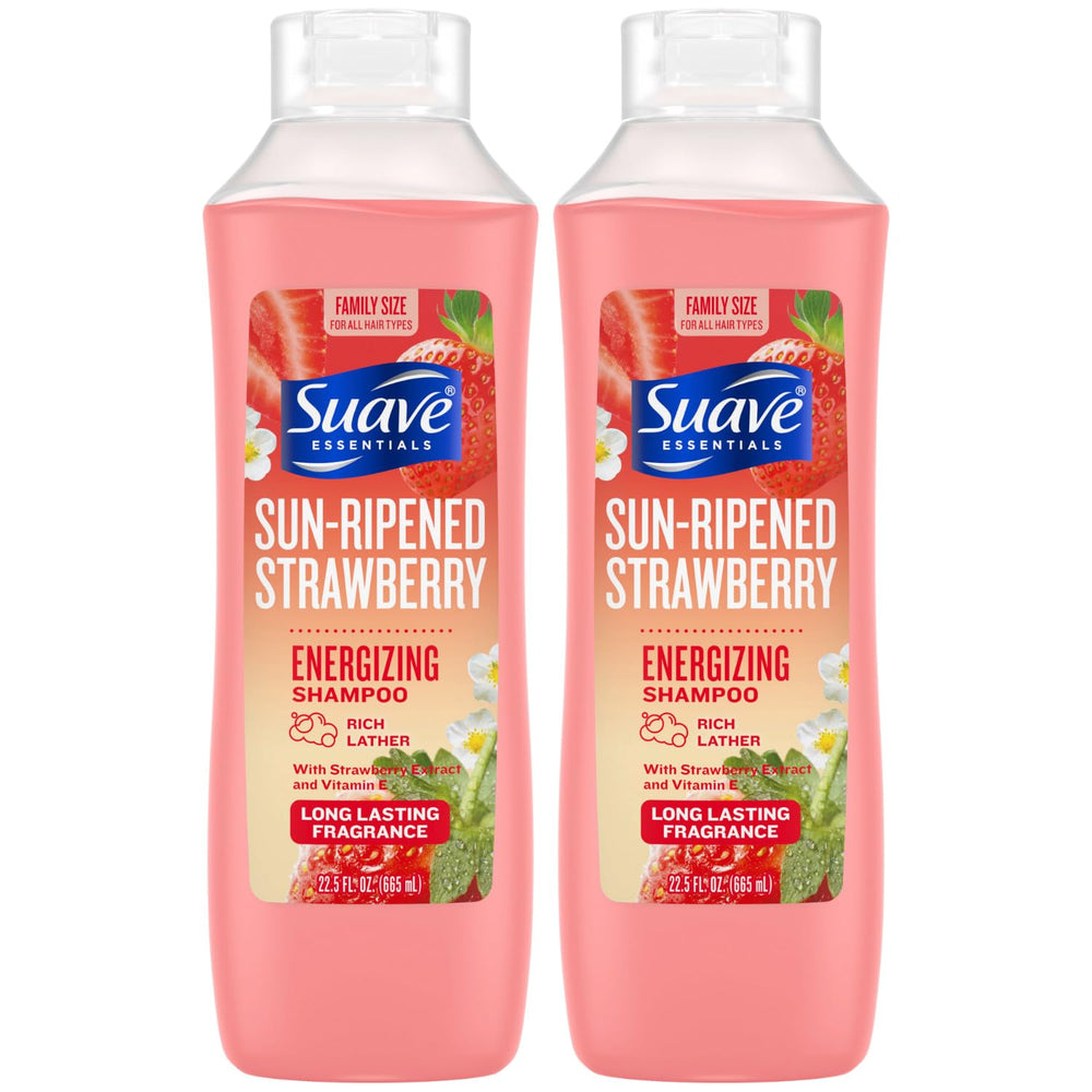 Suave Sun-Ripened Strawberry Shampoo packaging visuals suggesting a refreshing morning routine