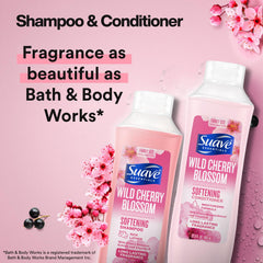 Suave Wild Cherry Blossom Body Wash bottle; hydrating formula for smooth skin
